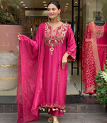 Pink chanderi silk sequence embroidered v neck kurta set with dupatta