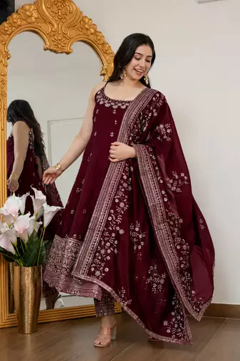 MAROON VICHITRA SILK EMBROIDERY PARTY WEAR ANARKALI SUIT SET 