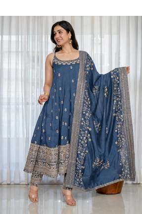 navy blue vichitra silk embroidery party wear suit set 6