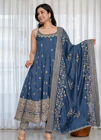 navy blue vichitra silk embroidery party wear suit set