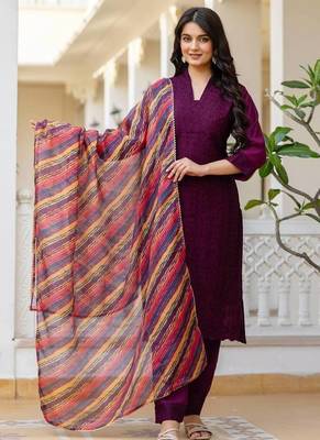 Women purple embroidered kurta pant set with multicolor dupatta 1