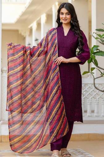 Women purple embroidered kurta pant set with multicolor dupatta