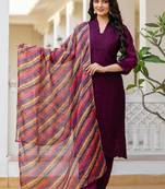 Women purple embroidered kurta pant set with multicolor dupatta
