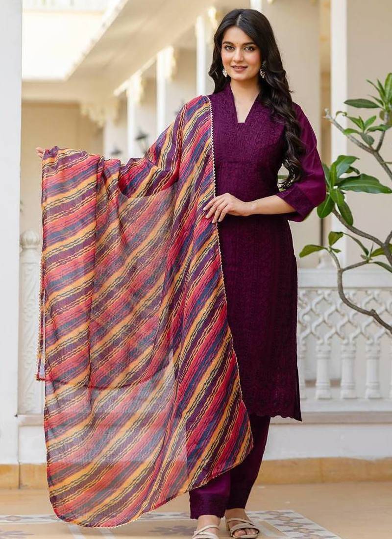 Women purple embroidered kurta pant set with multicolor dupatta