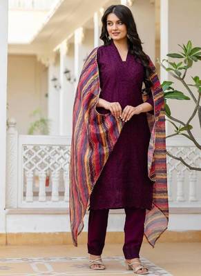 Women purple embroidered kurta pant set with multicolor dupatta 2