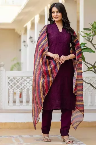 Women purple embroidered kurta pant set with multicolor dupatta