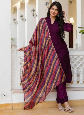 Women purple embroidered kurta pant set with multicolor dupatta 3
