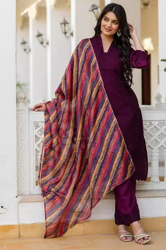 Women purple embroidered kurta pant set with multicolor dupatta