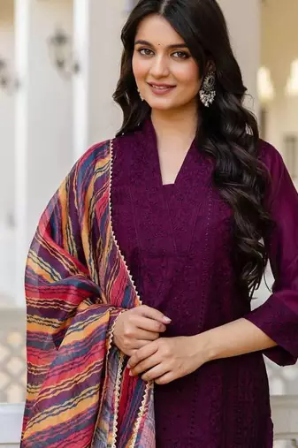 Women purple embroidered kurta pant set with multicolor dupatta