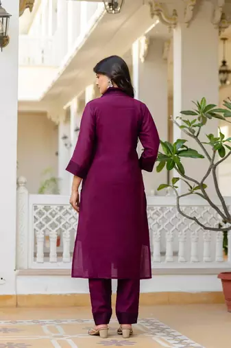 Women purple embroidered kurta pant set with multicolor dupatta