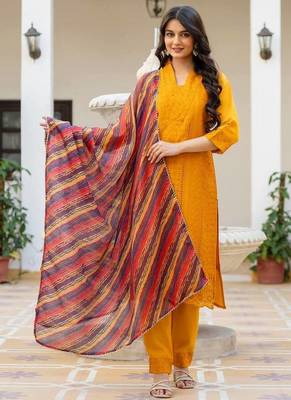 Women yellow embroidered kurta pant set with multicolor dupatta 1