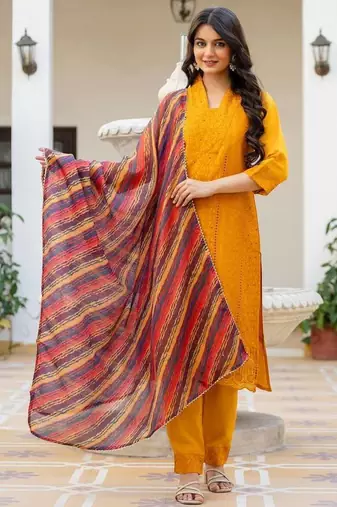 Women yellow embroidered kurta pant set with multicolor dupatta