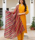 Women yellow embroidered kurta pant set with multicolor dupatta