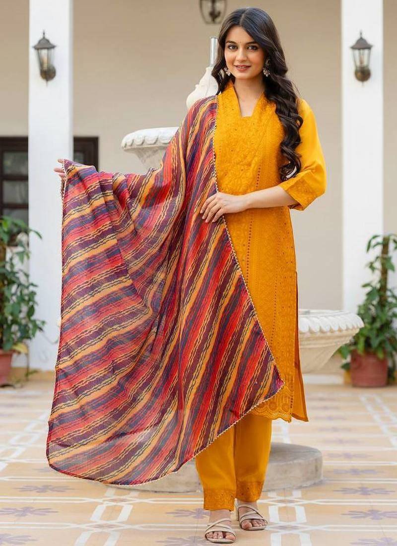 Women yellow embroidered kurta pant set with multicolor dupatta