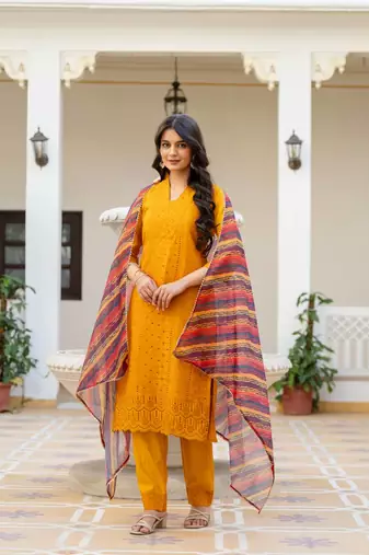 Women yellow embroidered kurta pant set with multicolor dupatta