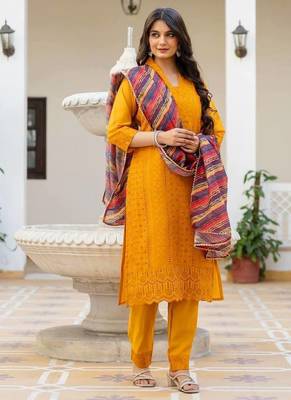 Women yellow embroidered kurta pant set with multicolor dupatta 3