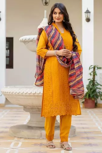 Women yellow embroidered kurta pant set with multicolor dupatta