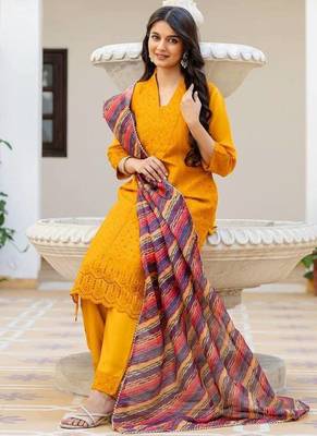 Women yellow embroidered kurta pant set with multicolor dupatta 4