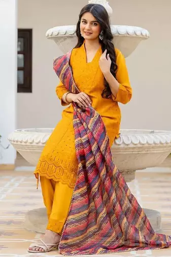Women yellow embroidered kurta pant set with multicolor dupatta