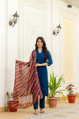 Women navy blue embroidered kurta pant set with multicolor dupatta 1