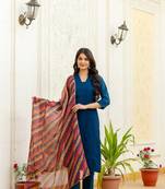 Women navy blue embroidered kurta pant set with multicolor dupatta