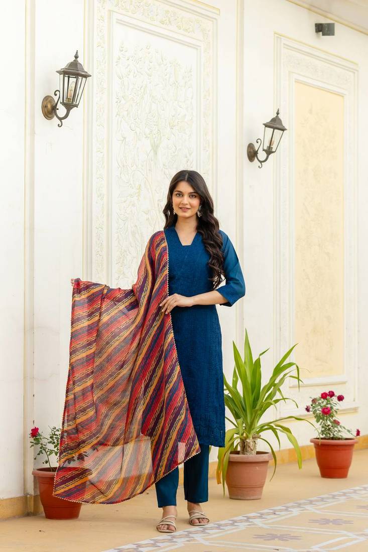 Women navy blue embroidered kurta pant set with multicolor dupatta