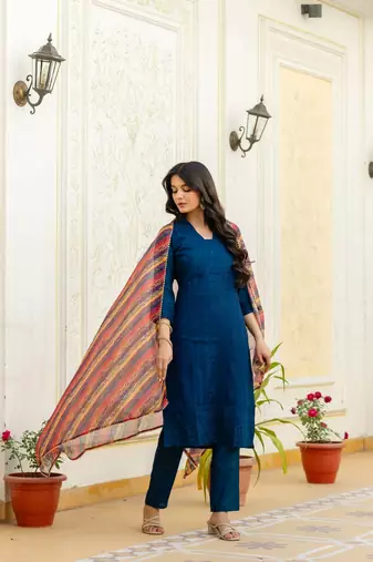 Women navy blue embroidered kurta pant set with multicolor dupatta