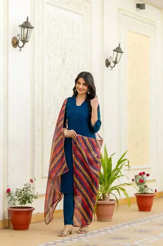 Women navy blue embroidered kurta pant set with multicolor dupatta