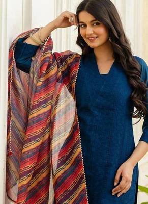 Women navy blue embroidered kurta pant set with multicolor dupatta 4