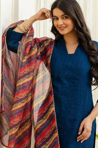 Women navy blue embroidered kurta pant set with multicolor dupatta