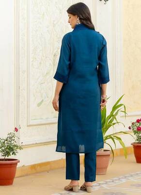 Women navy blue embroidered kurta pant set with multicolor dupatta 5