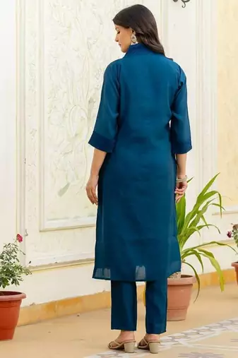 Women navy blue embroidered kurta pant set with multicolor dupatta