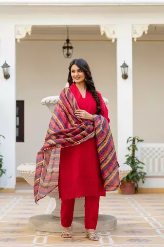 Women red embroidered kurta pant set with multicolor dupatta