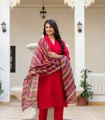 Women red embroidered kurta pant set with multicolor dupatta