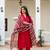 Women red embroidered kurta pant set with multicolor dupatta