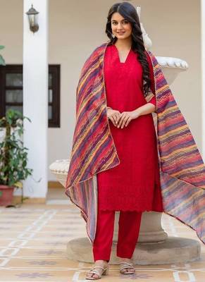 Women red embroidered kurta pant set with multicolor dupatta 2