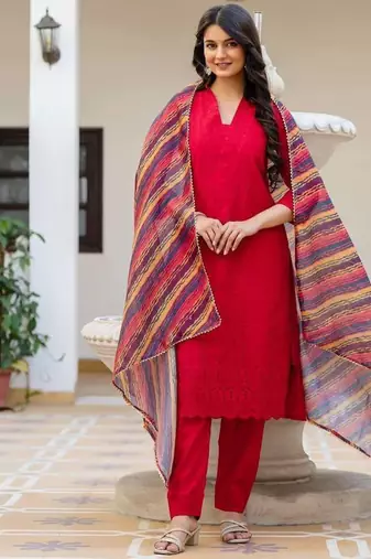 Women red embroidered kurta pant set with multicolor dupatta