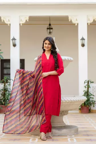 Women red embroidered kurta pant set with multicolor dupatta