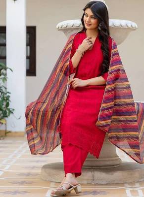 Women red embroidered kurta pant set with multicolor dupatta 4