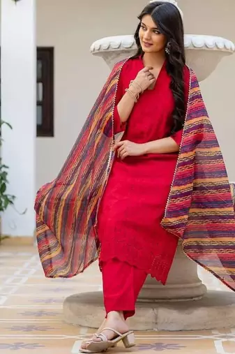 Women red embroidered kurta pant set with multicolor dupatta