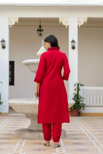 Women red embroidered kurta pant set with multicolor dupatta
