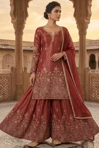 Rust red sequence embroidered sharara suit set for women