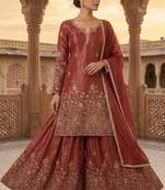 Rust red sequence embroidered sharara suit set for women