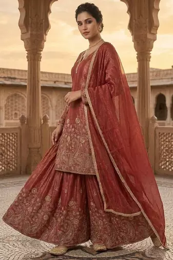 Rust red sequence embroidered sharara suit set for women