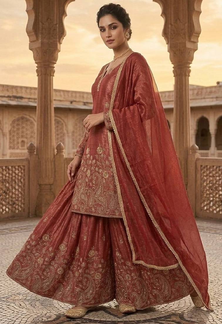 Rust red sequence embroidered sharara suit set for women