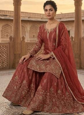 Rust red sequence embroidered sharara suit set for women 3
