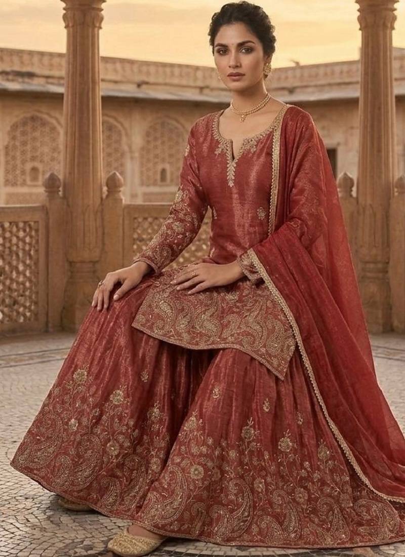 Rust red sequence embroidered sharara suit set for women