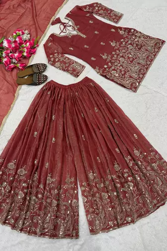 Rust red sequence embroidered sharara suit set for women
