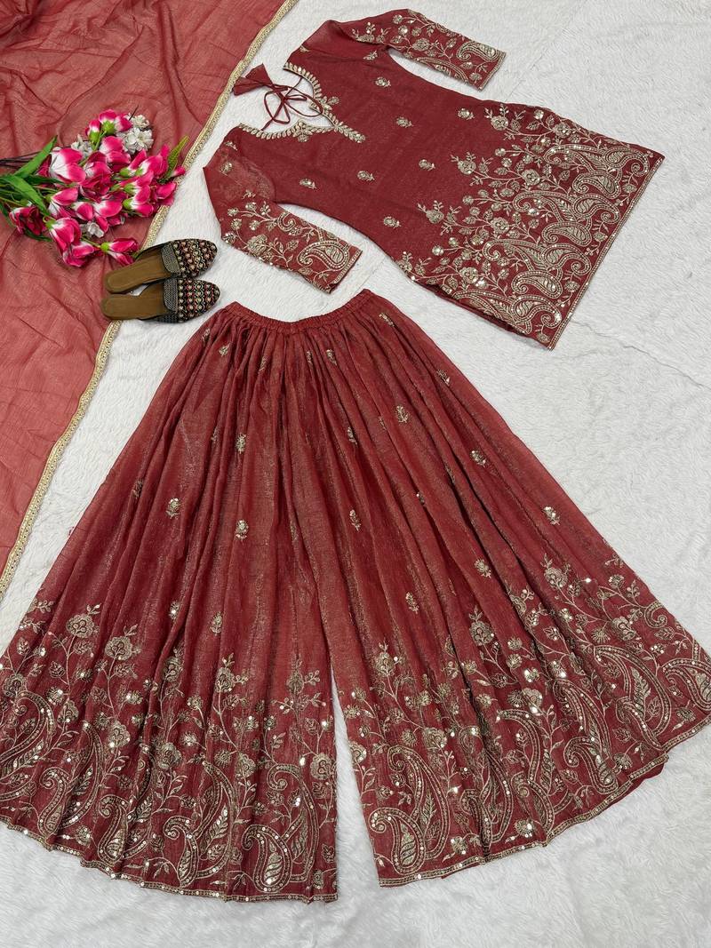 Rust red sequence embroidered sharara suit set for women
