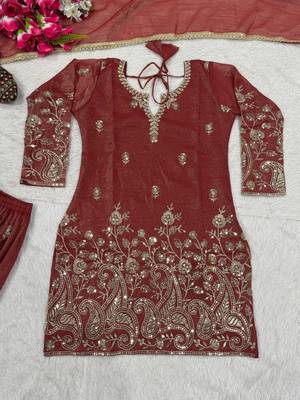 Rust red sequence embroidered sharara suit set for women 5